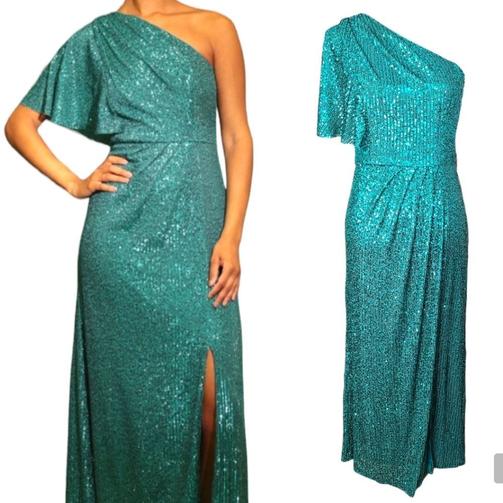 MAGGY LONDON Size 8 Green Sequin One Shoulder Draped Sleeve Midi Dress NWT
